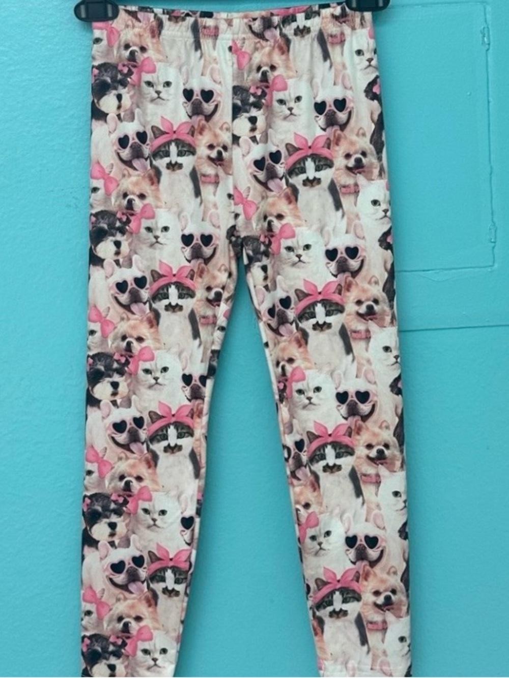 Shein Girl's Pink & White Allover Kittens & Puppies Print Leggings - Size 7